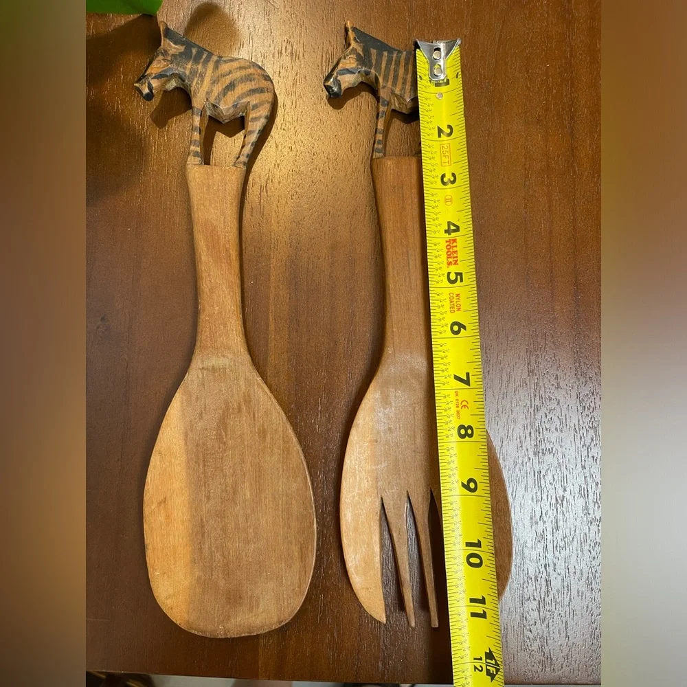 Wooden Salad Spoon and Fork Hand Carved and Painted Zebra Design‎ 11 Inches Long
